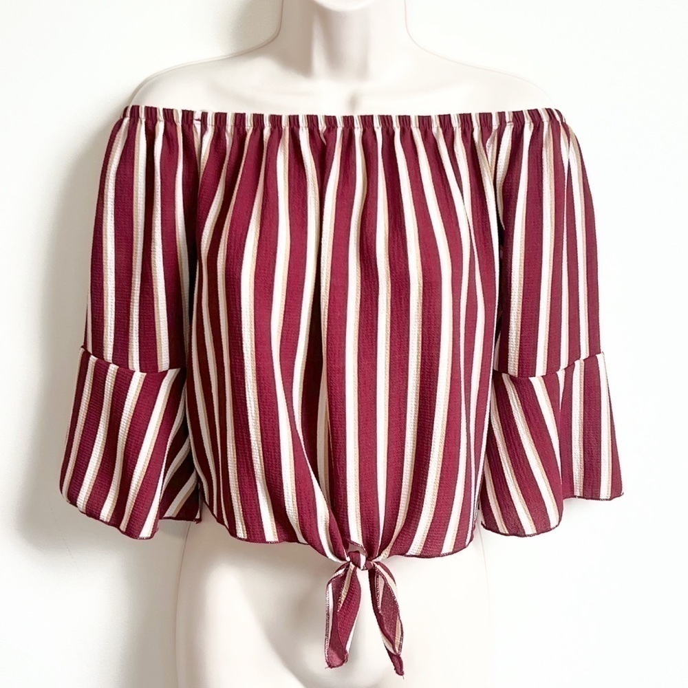 🆕 Charlotte Russe off shoulder bell sleeve tie front striped crop top small